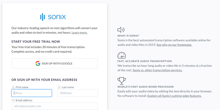 Step 1: Create a free Sonix account to start converting your AMR file to vtt