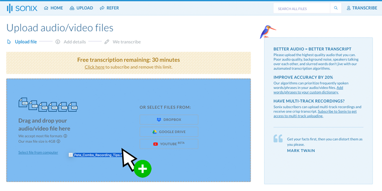 Step 2: Upload your WEBA files from your computer, Google Drive, Dropbox, or by dragging it on the page.