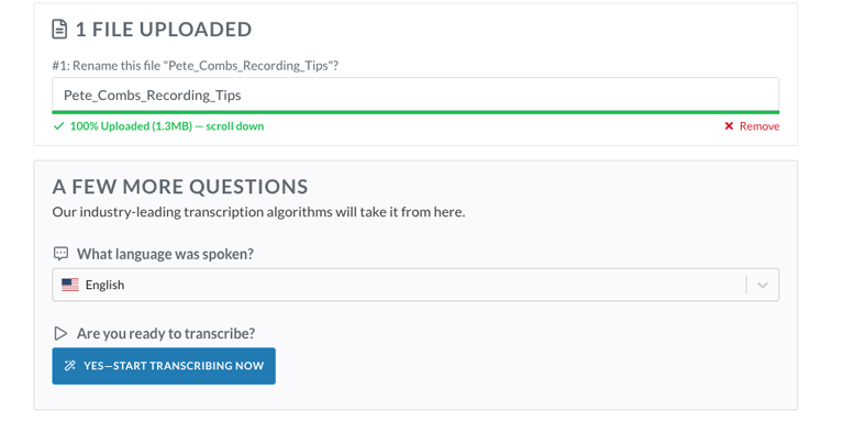 Step 3: Select the language spoken in your AMR file, then click 'Start Transcribing Now.'