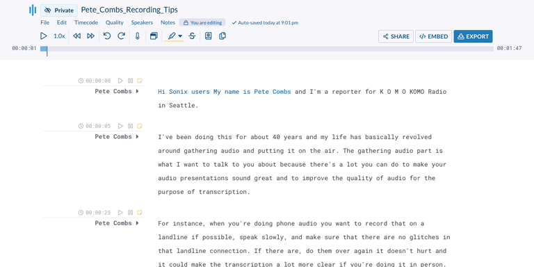 Step 5: Once your AMR is converted to text, you might need to polish up the preliminary VTT transcript. Now, you can easily do that right in your browser with the Sonix AudioText Editor.