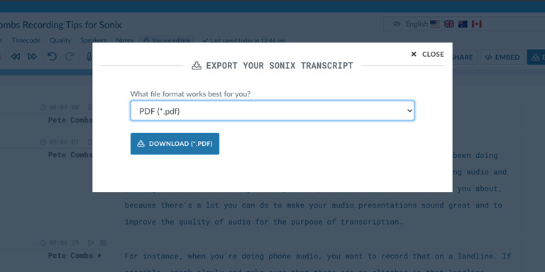 Step 6: Download a PDF version of your VOB file by clicking Export and selecting 'PDF (.pdf).'