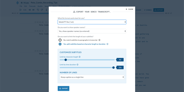 Step 5: Edit your preliminary VTT transcript in your browser with Sonix's AudioText Editor. Step 5: Once your RM is converted to text, you might need to polish up the preliminary VTT transcript. Now, you can easily do that right in your browser with the Sonix AudioText Editor.