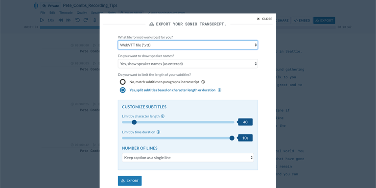 Step 5: Once your AMR is converted to text, you might need to polish up the preliminary VTT transcript. Now, you can easily do that right in your browser with the Sonix AudioText Editor.