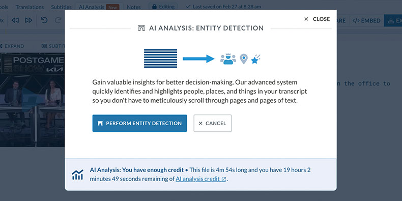 Sonix's AI Analysis tools will identify all people, places, and things that were discussed in your audio/video file and give you all relevant timestamps