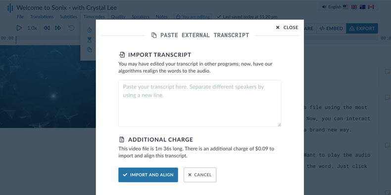 Existing transcript modal