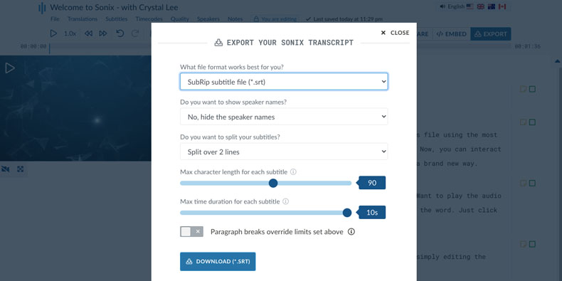 Subtitle export modal in Sonix: SRT & VTT