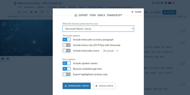 Text export modal in Sonix (DOCX, TXT, PDF)