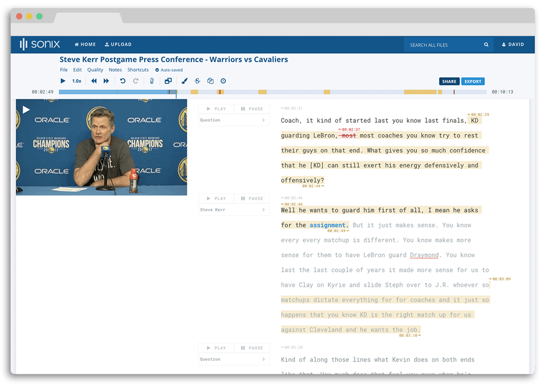 Sonix Automated Transcription. Example screenshot: a press conference being transcribed (Steve Kerr, head coach of the Golden State Warriors)