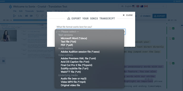 Step 6: Export the Ukrainian transcript to your favorite file format file Export the %{v_language} transcript to MS Word, PDF, Subtitles, or as a text file.