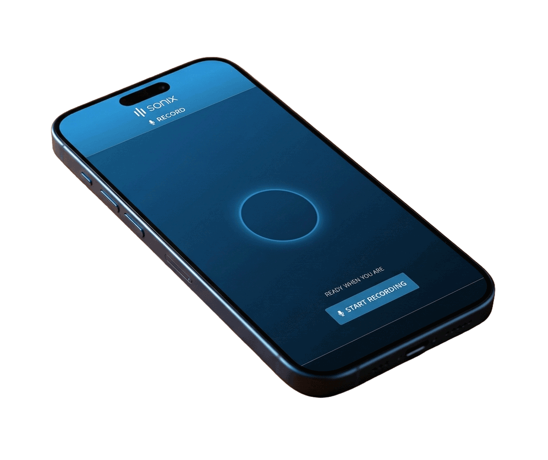 Sonix Recorder mobile app interface showing audio recording and automatic transcription features